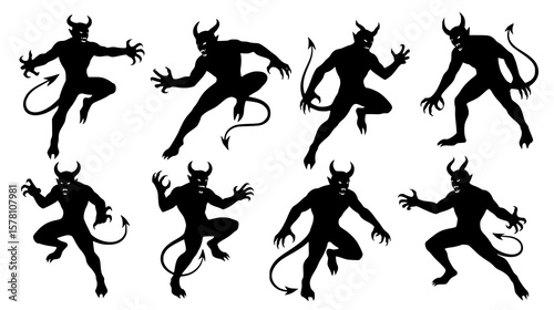 A collection of eight black devil silhouettes in various dynamic poses against a white background