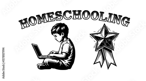 A child engrossed in learning on a laptop, with homeschooling text and a star award