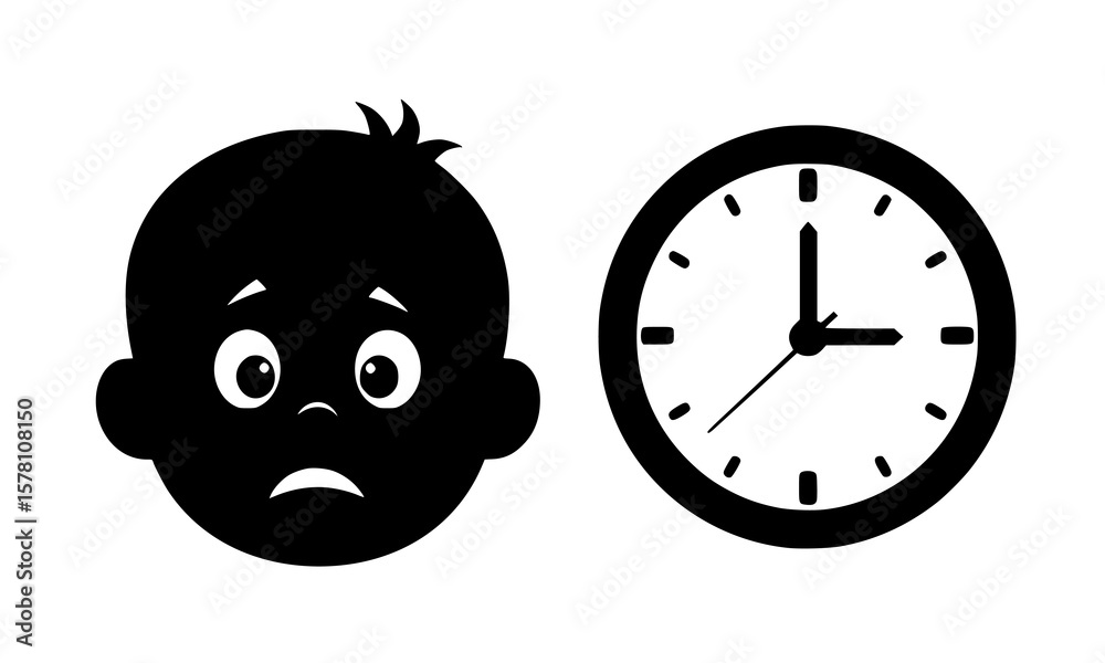 Fototapeta premium A worried babys face next to a clock, symbolizing time anxiety