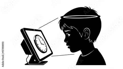 A child stares intently at a tablet displaying a clock