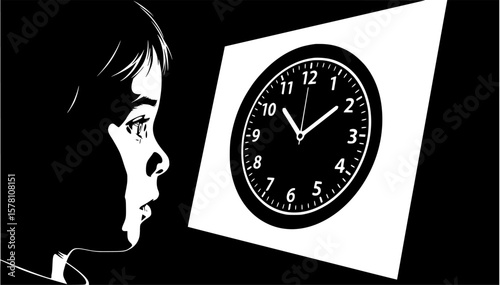 A childs face intently looking at a clock, representing the passage of time