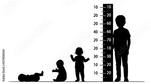 Children at different growth stages measured against a height chart