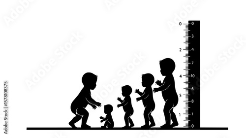 Children of different ages stand next to a ruler measuring their height