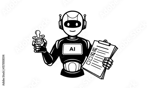 Smiling robot holding a pacifier and a checklist, symbolizing ai childcare