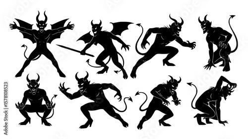 Collection of devil silhouettes with horns, wings, and tails in various poses