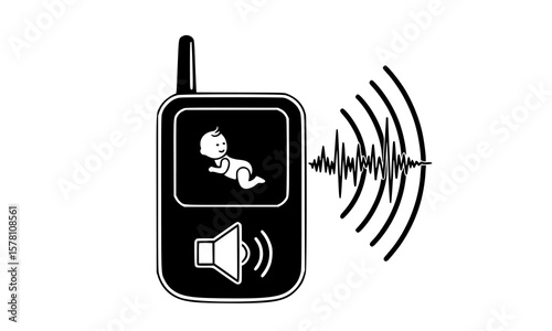 Baby monitor displaying a baby and emitting sound waves