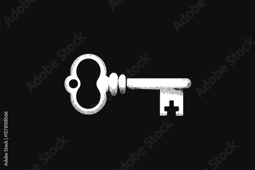 Antique key illustration in white against a black background evoking mystery and classic design.
