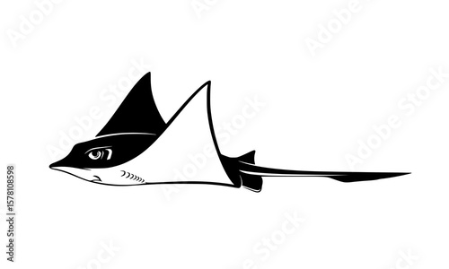 A stingray gracefully swimming in the ocean, black and white illustration