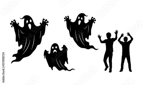 Ghosts chasing people on a white background, halloween illustration