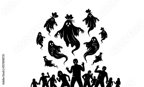 Ghosts surrounding people on a white background, halloween illustration