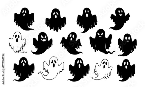 Many ghosts and people on a white background, halloween illustration