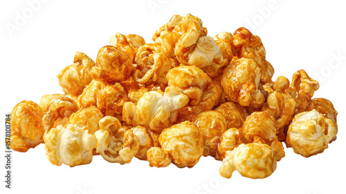 Crispy caramel popcorn, golden sweet glaze detail, isolated on tranparent background 