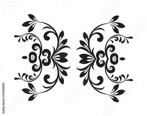 Symmetrical black and white decorative floral design, with intricate patterns and swirls.