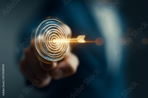 Close up of human finger interacting with abstract glowing target graphic struck precisely by a golden digital arrow, concept for visualizing strategic focus, attaining key business objectives, and