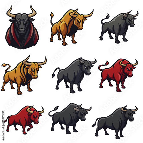Set of bulls vector, collection, black, illustration, cow, animals