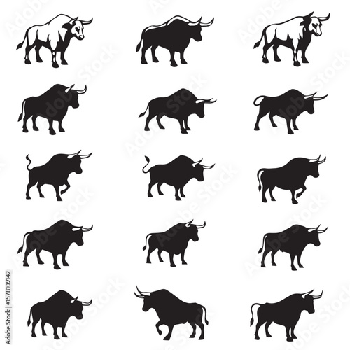 set of bull silhouettes, wild, cow, farm, collection, bulls, black, nature