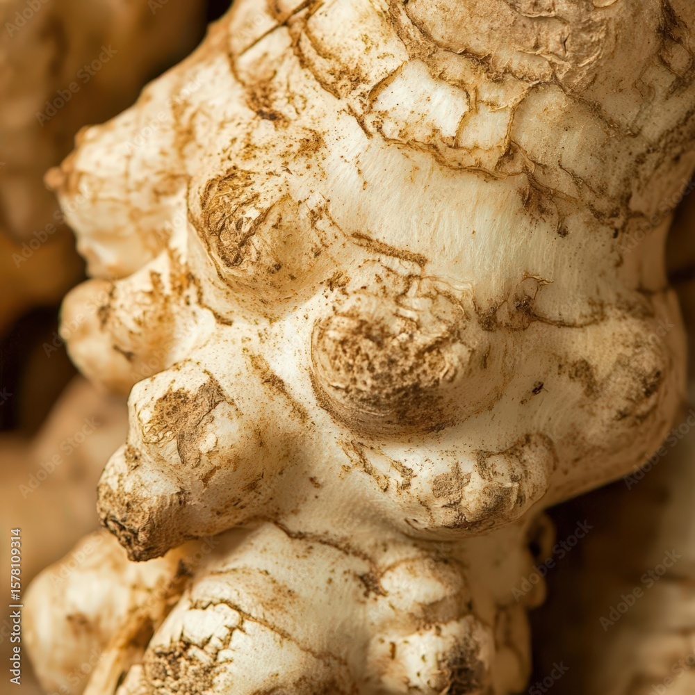 Fototapeta premium closeup of wild sunchoke jerusalem artichoke with rough texture and tan color, macro foraged root vegetable photography
