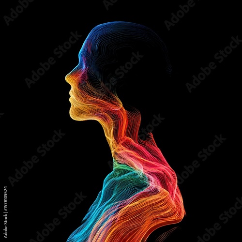 colorful data streams flowing through a thinking human silhouette concept of AI integration