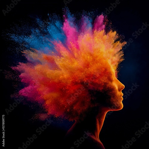colorful explosion from a human head silhouette visualizing a burst of creativity