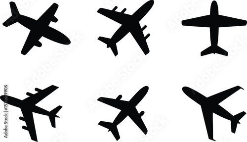 Airplane Silhouettes Set: Diverse Aircraft Icons for Travel and Aviation.

