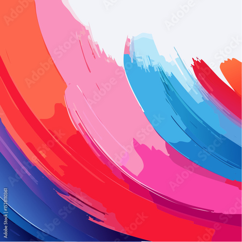 A modern abstract flat vector illustration featuring bold, expressive brushstrokes in vibrant neon red, pink, and electric blue. Ideal for artistic wallpaper, digital decor, or emotional visual story