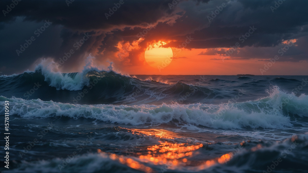 Fototapeta premium Majestic ocean waves crashing at sunset under a dramatic cloudy sky