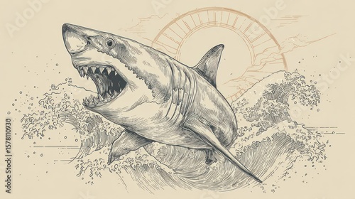 Great white shark in a dramatic wave