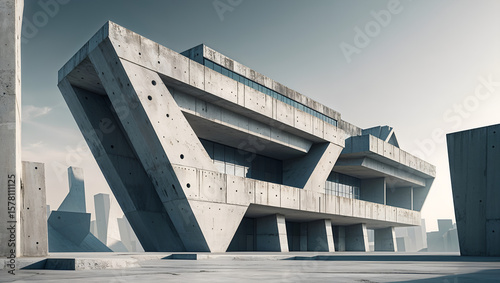Brutalist architecture, featuring a massive, angular raw concrete building in a stark, minimalist landscape