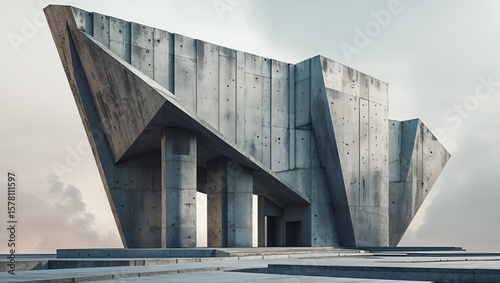 Brutalist architecture, featuring a massive, angular raw concrete building in a stark, minimalist landscape