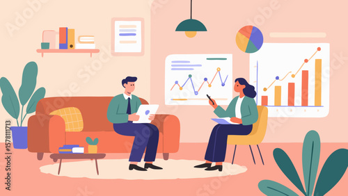 Business meeting illustration with charts and data analysis discussion
