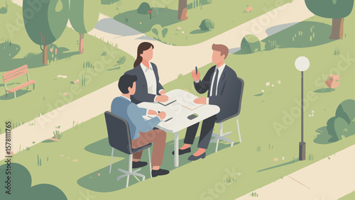 Business team meeting outdoors at a table in a park on a sunny day