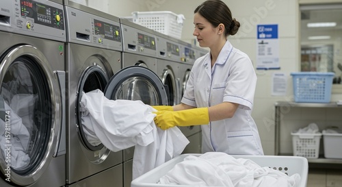 Female Laundry Worker Loading Washing Machine in Commercial Laundry Facility