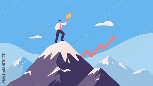 Businessman standing on mountain peak holding up document with growth arrow