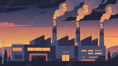 Industrial pollution with dollar signs coming from factory chimneys at sunset