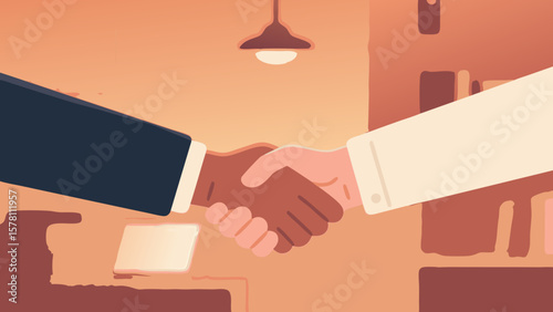 Illustration of a business deal with diverse people shaking hands indoors