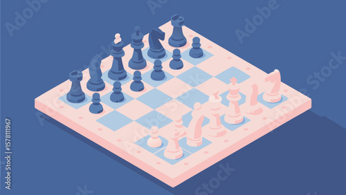 Isometric view of a chessboard with chess pieces in a strategic arrangement