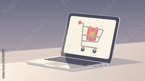 Laptop displaying shopping cart illustration for online retail concept