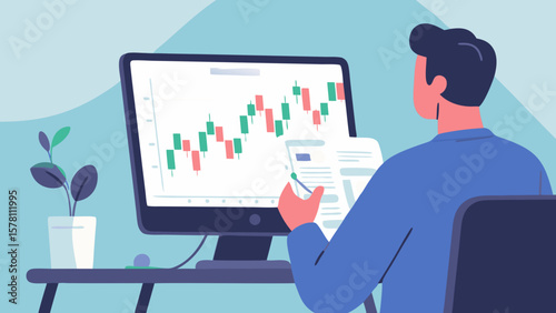 Man analyzes stock market chart on computer monitor with documents in hand