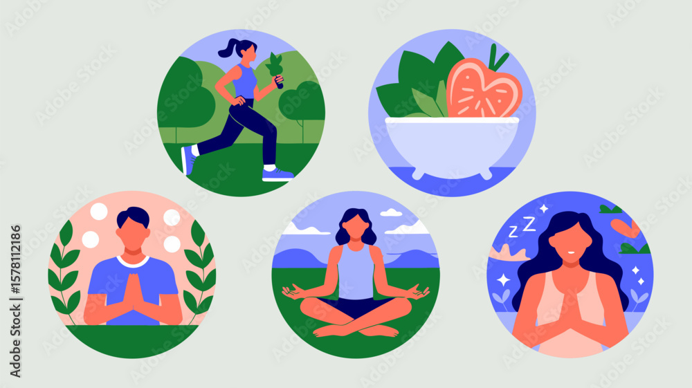 Fototapeta premium Wellness icons depict healthy lifestyle choices for physical and mental health