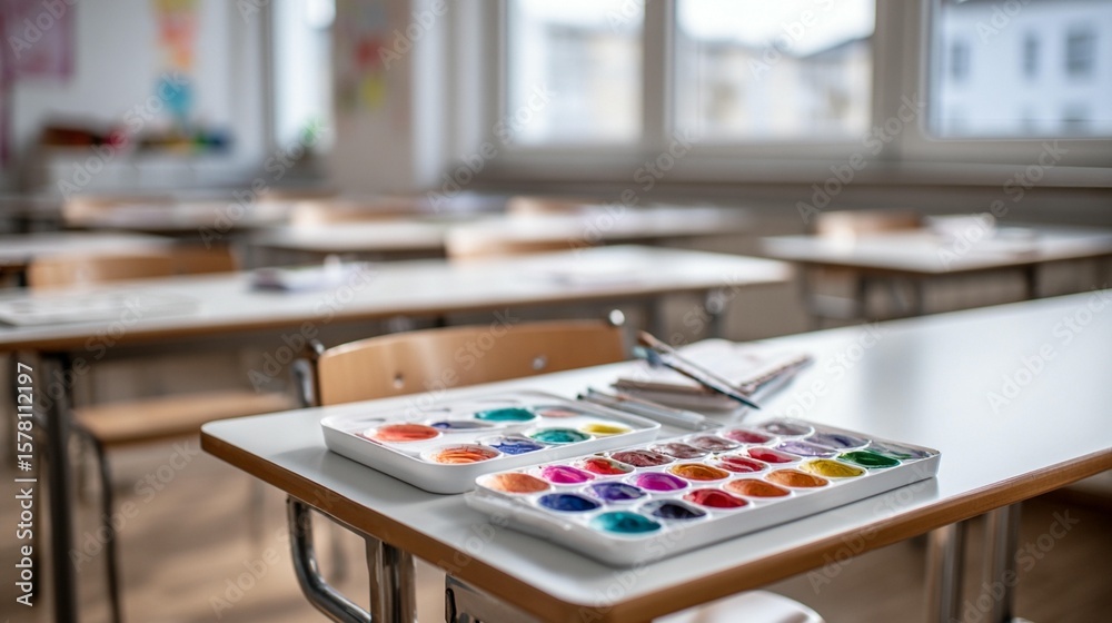 Fototapeta premium Classroom interior with watercolor paints