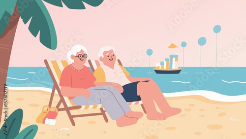 Senior couple relaxing on beach chairs under palm tree vector illustration