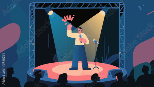 Stand up comedian performs on stage in front of audience illustration