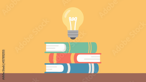 Stack of educational books with a bright light bulb shining above them