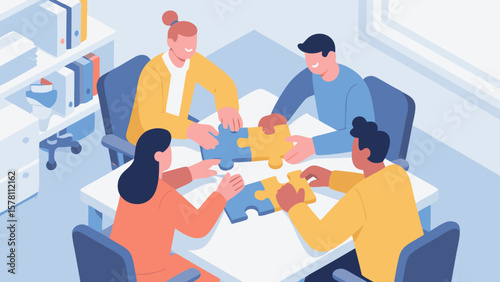 Teamwork illustration of diverse colleagues solving a puzzle together