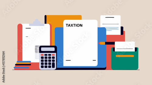 Taxation paperwork with calculator and stationery in flat vector style
