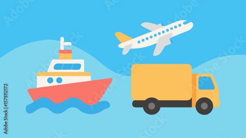 Transportation methods featuring a cargo ship, airplane and delivery truck
