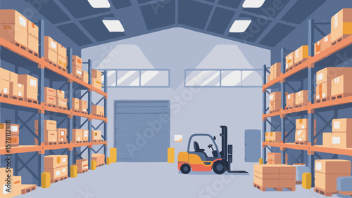 Warehouse interior with forklift and shelves full of boxes illustration