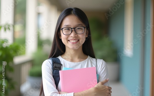 Image of young asian student girl wearing eyeglasses holding folders. High quality