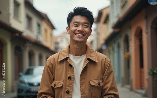 cinematic shot,happy asian male 27 years old, earth tone color outfit, standing. High quality