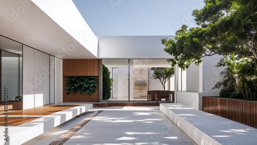 The beautiful exterior of a modern minimalist luxury home with a Zen Garden courtyard and seamless indoor-outdoor living through large glass walls